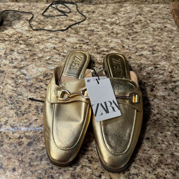 Gold Metallic Zara Leather Low Heel Mules Slip-Ons (NWT) - Picture 2 of 4